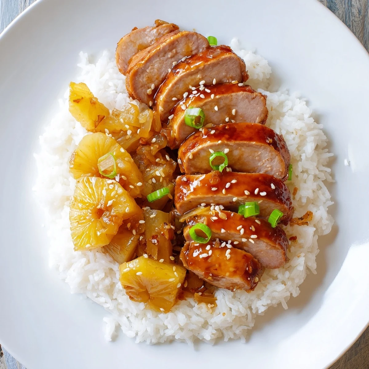Hawaiian Chicken With Coconut Rice glazed and juicy, plated with pineapple garnish.