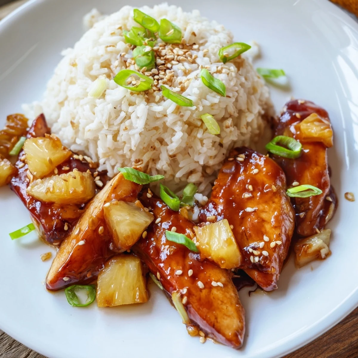 Weeknight Hawaiian Chicken With Coconut Rice served warm, tangy sauce shining.