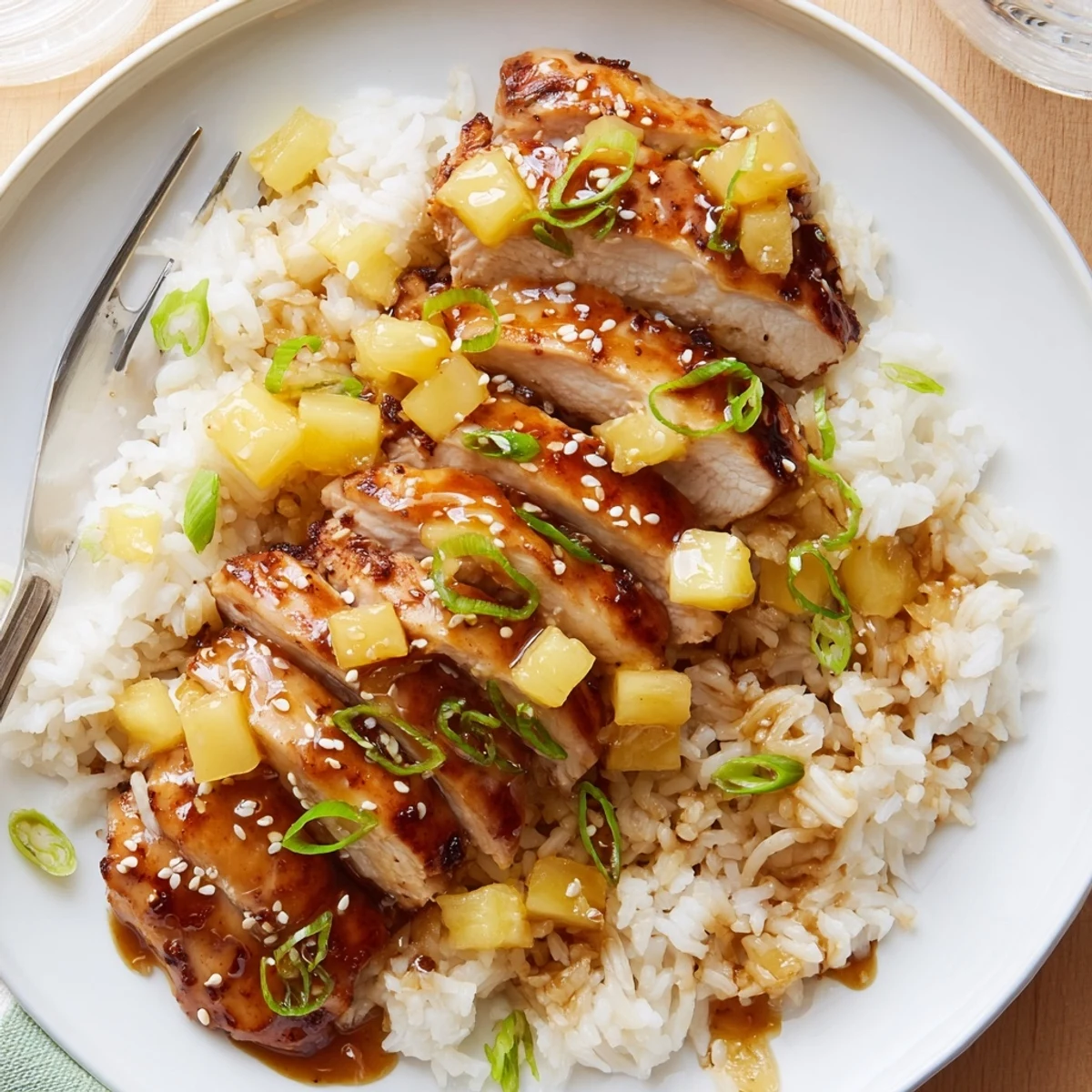 Grilled Hawaiian Chicken With Coconut Rice over fluffy jasmine rice, scallions.