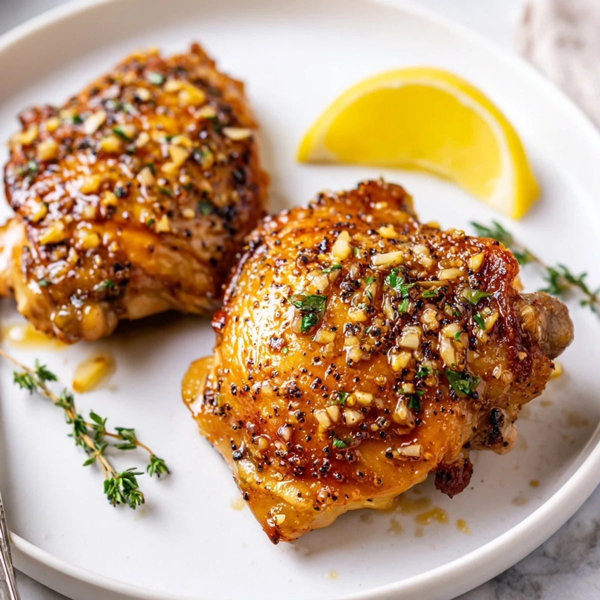 Crispy roasted Lemon Pepper Chicken Thighs glistening with lemon juice and herbs