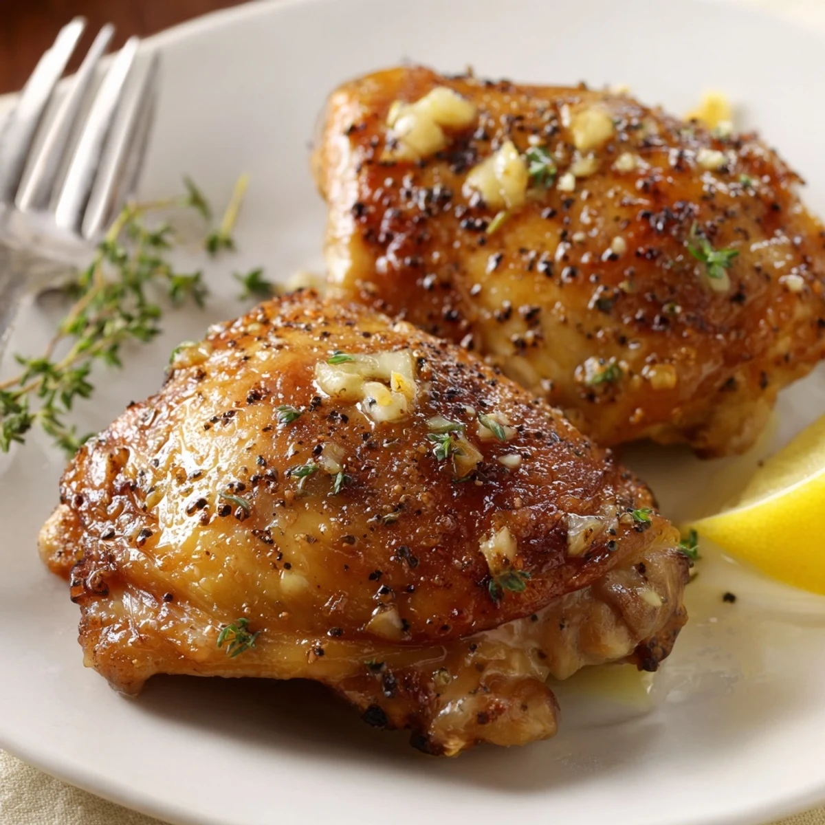 Juicy Lemon Pepper Chicken Thighs on parchment, ready to rest and garnish