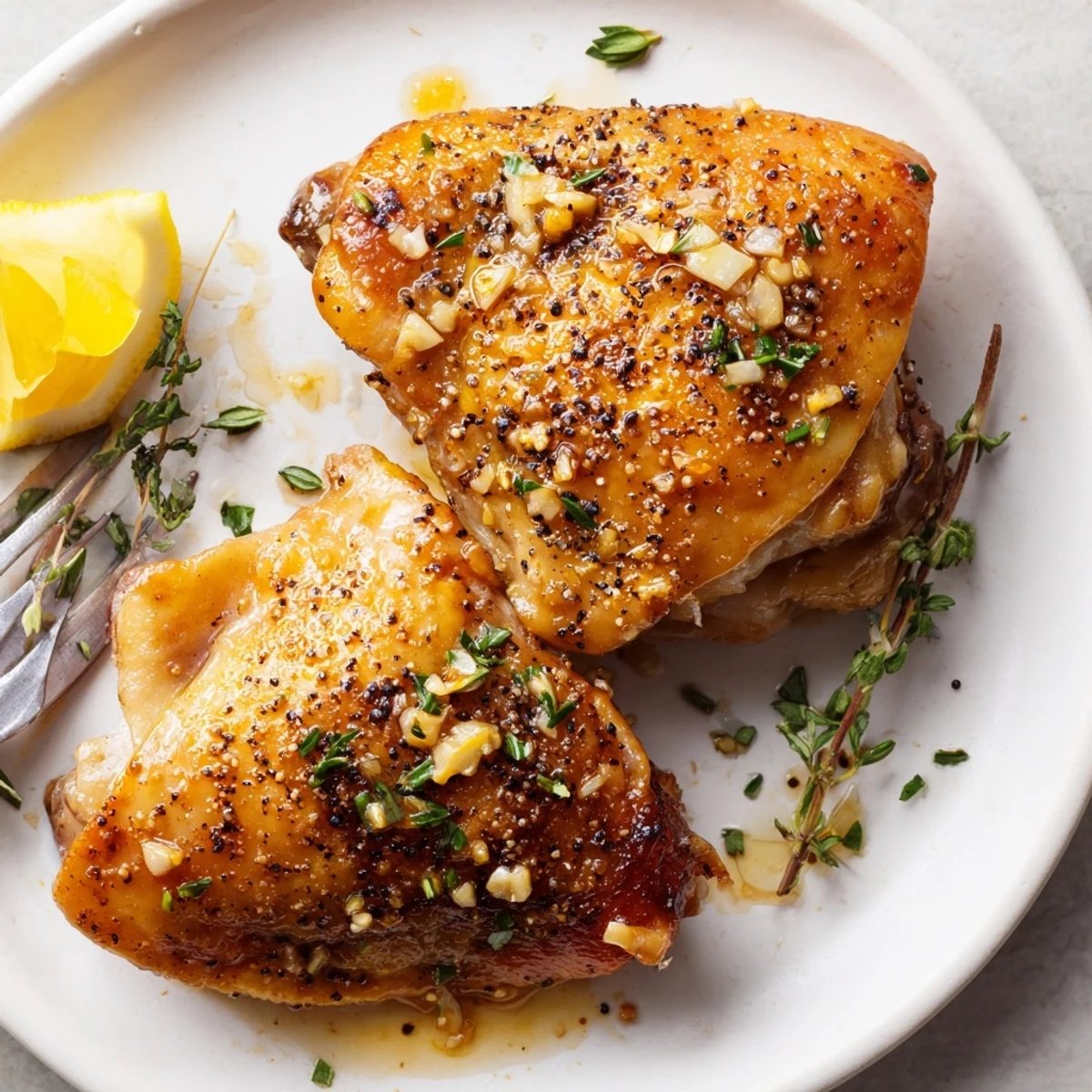 Golden, zesty Lemon Pepper Chicken Thighs served with crisp roasted potatoes