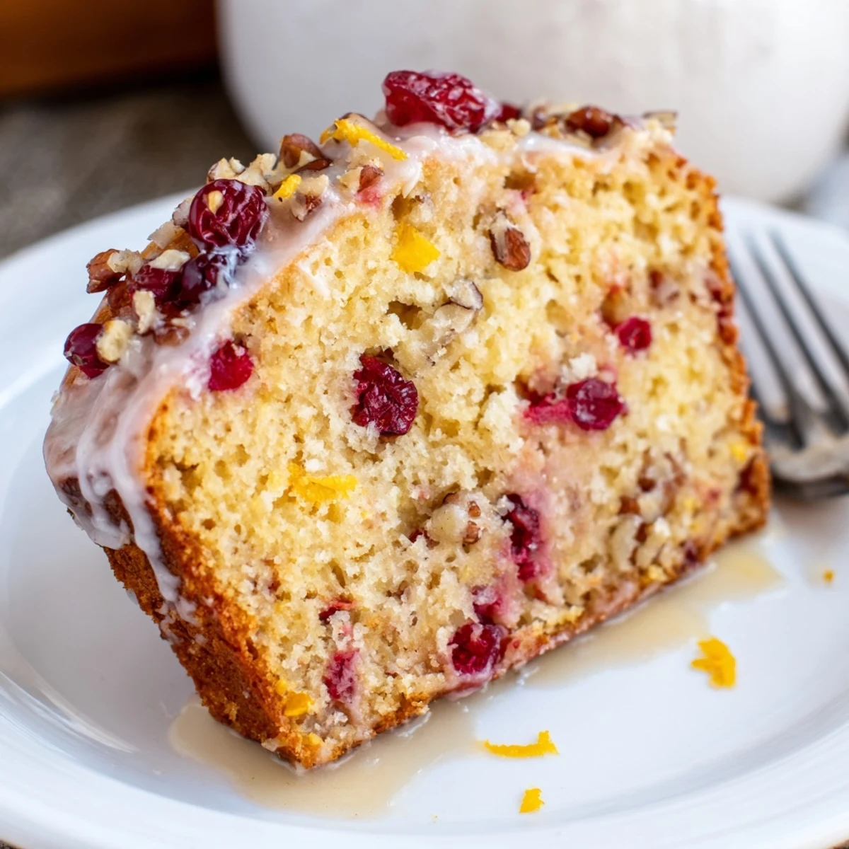 Sliced Cranberry Orange Bread on cooling rack, flecked with bright cranberries