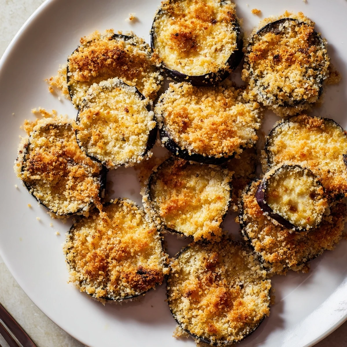 A platter of Crispy Baked Eggplant, warm herb aroma and Parmesan crust.