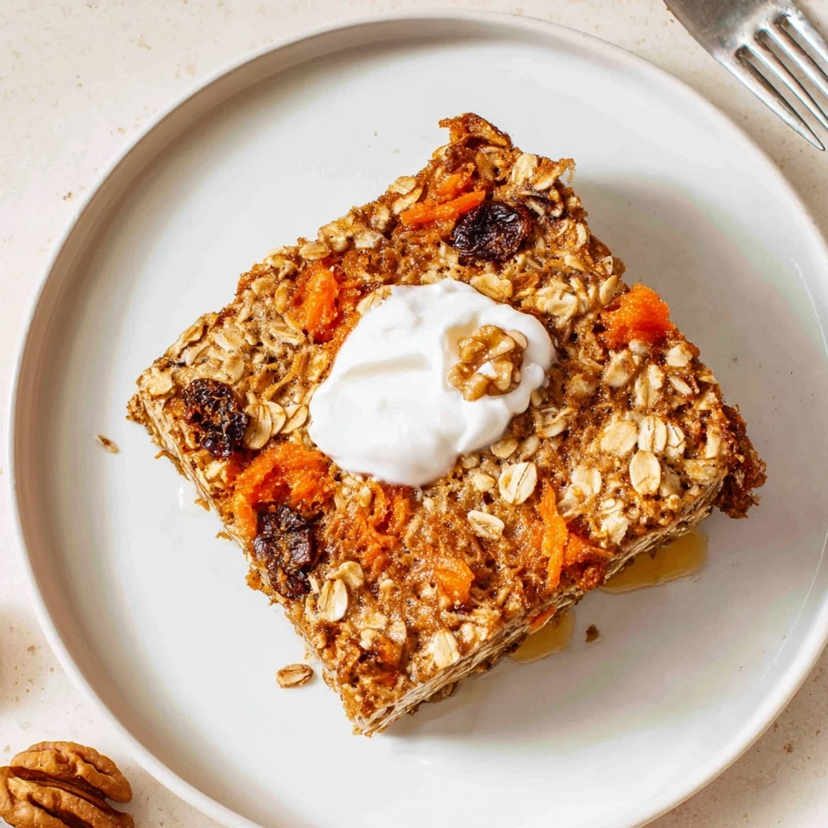 Slice of Carrot Cake Baked Oatmeal served with dollop of yogurt