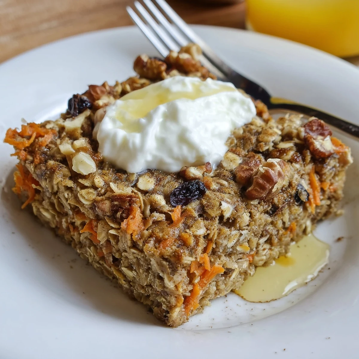 Warm Carrot Cake Baked Oatmeal cooling in baking dish, cinnamon aroma
