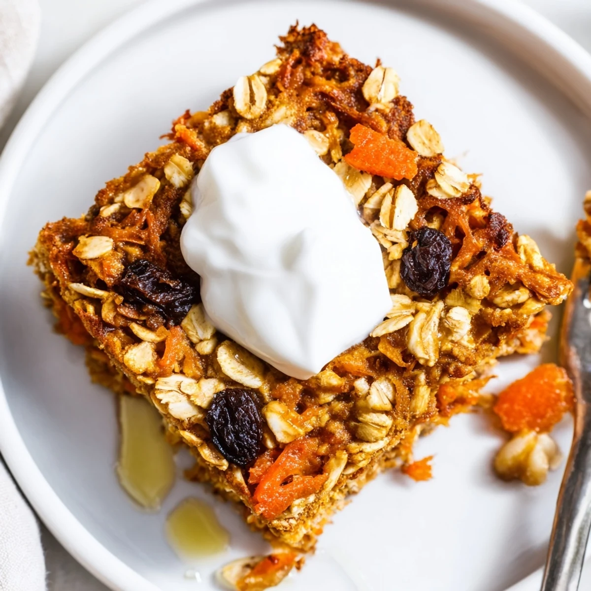 Hearty Carrot Cake Baked Oatmeal studded with raisins and toasted walnuts