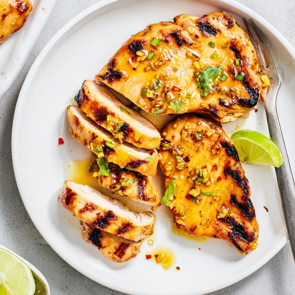 Key West Grilled Chicken With Tropical Citrus Marinade, juicy charred breasts with lime.