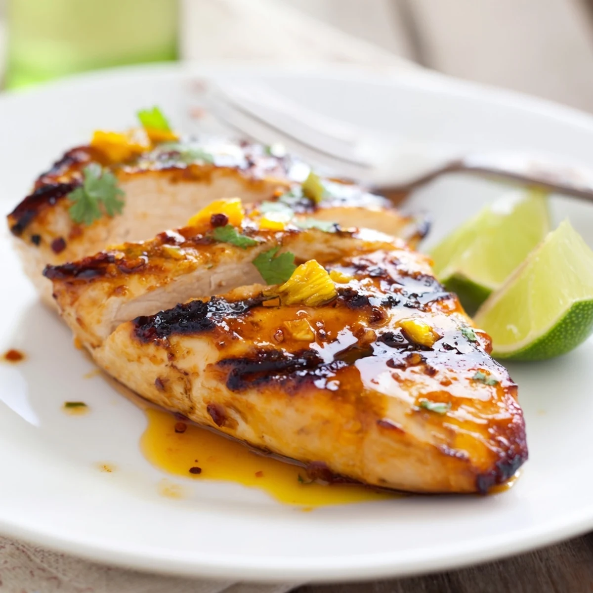 Key West Grilled Chicken With Tropical Citrus Marinade resting on platter, cilantro and wedges.