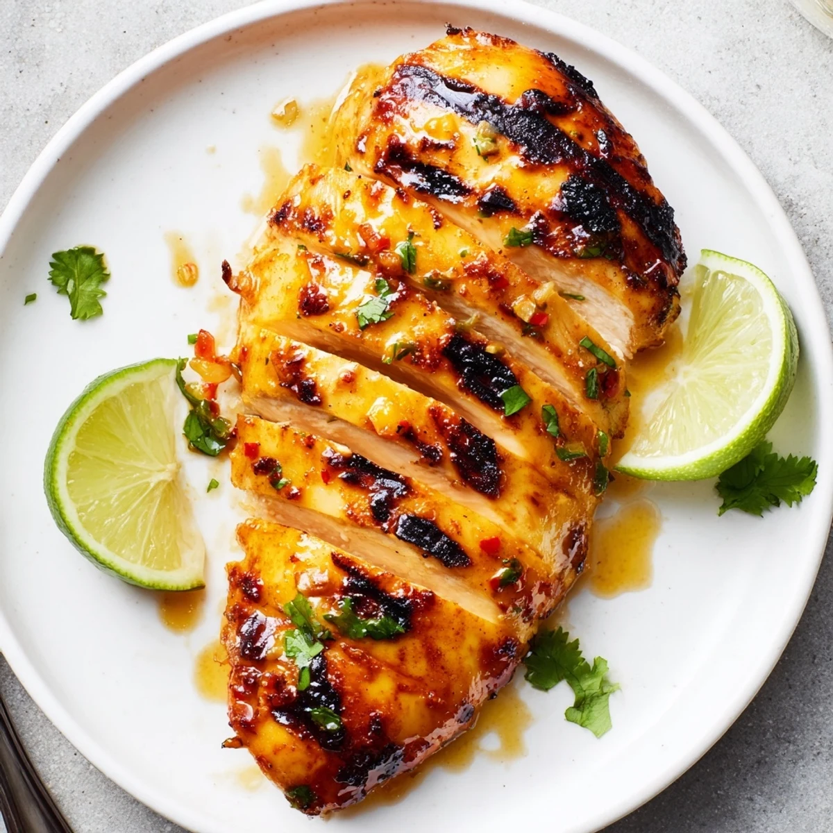 Key West Grilled Chicken With Tropical Citrus Marinade sizzling on grill, sweet tangy glaze.