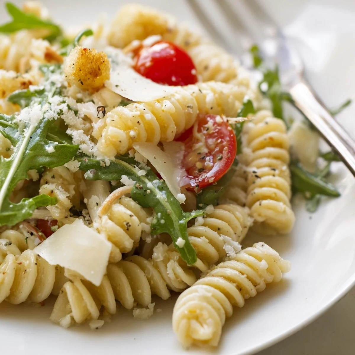 Arugula Pasta Caesar Salad with shaved Parmesan, crisp croutons, lemony dressing