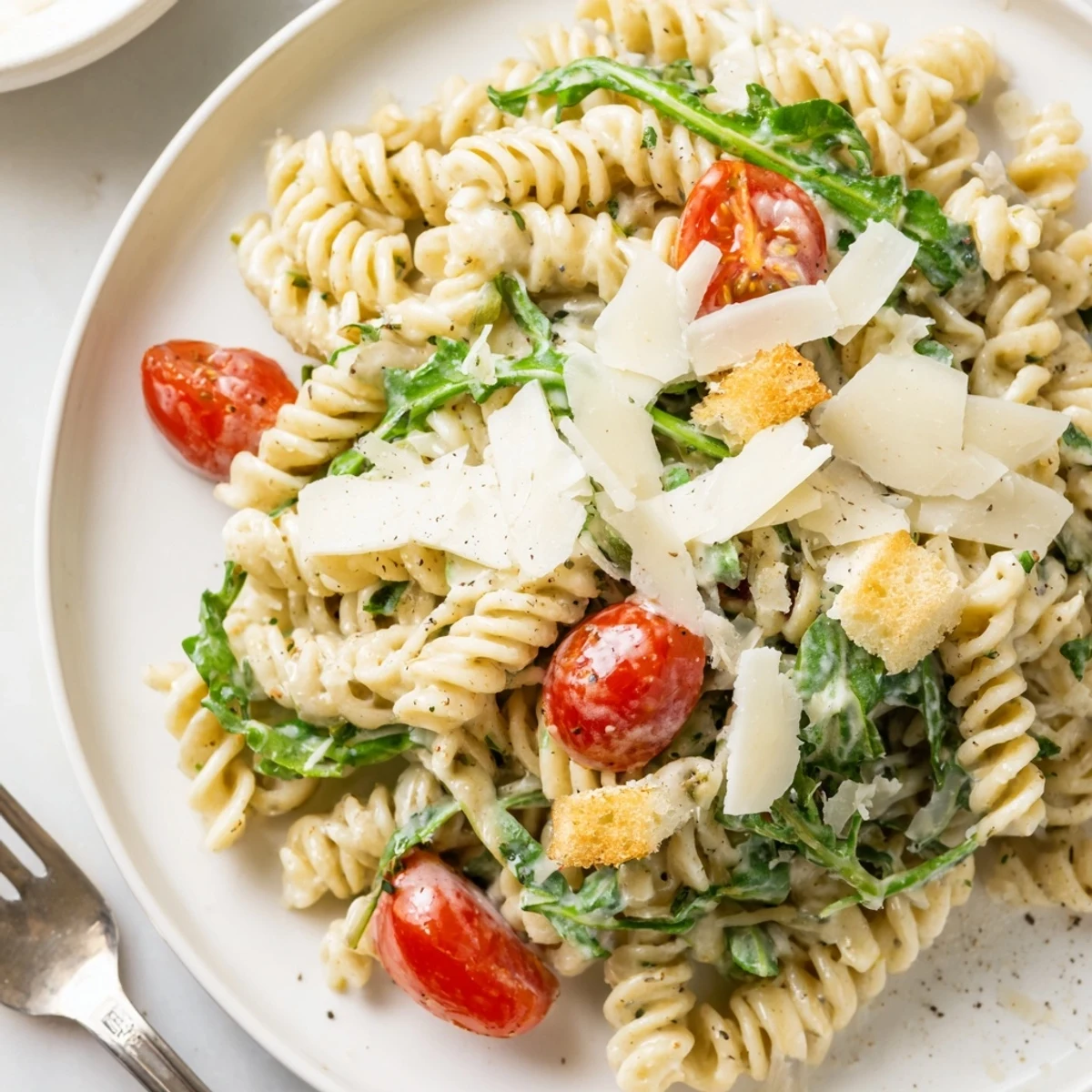 Bright Arugula Pasta Caesar Salad tossed warm with al dente pasta, cherry tomatoes