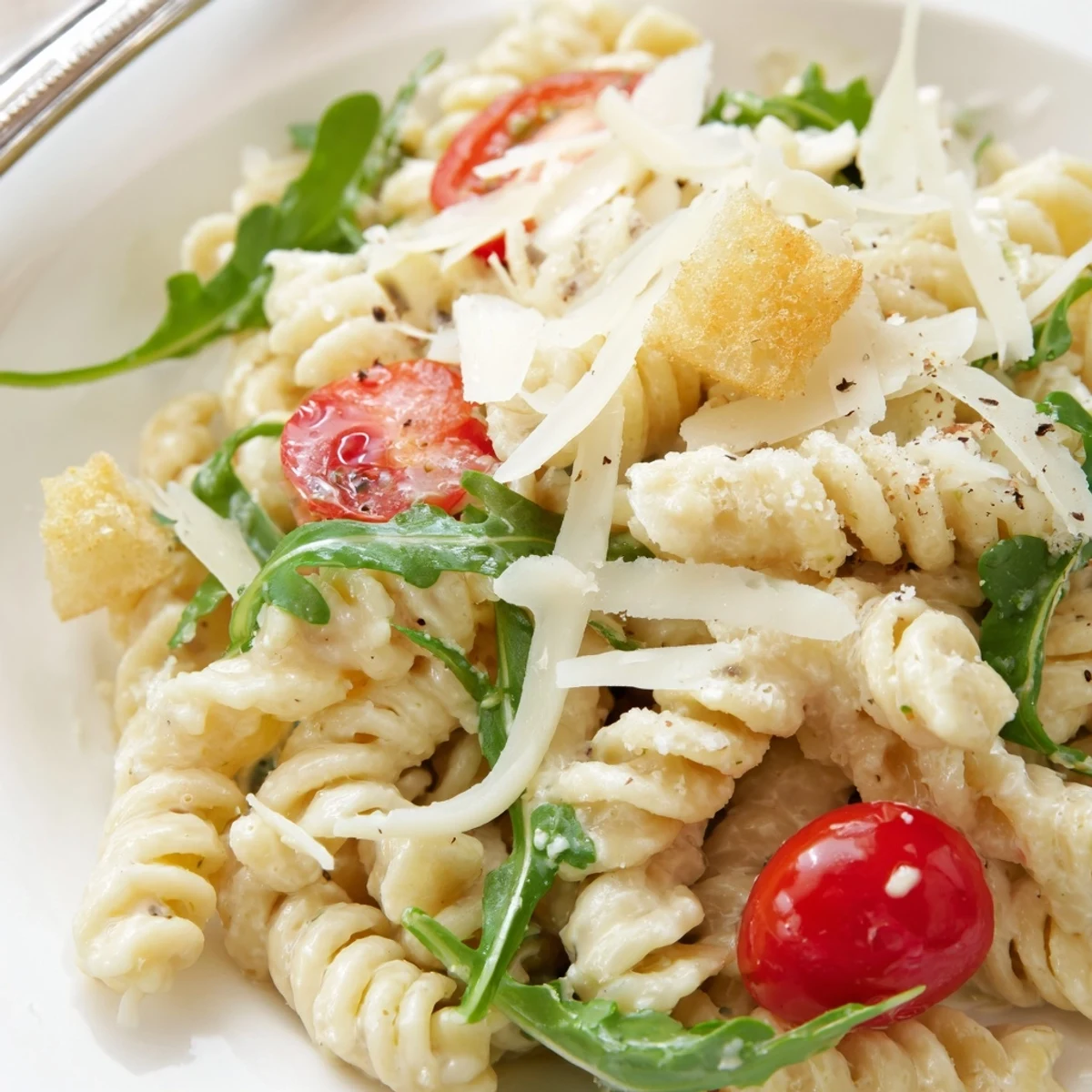 Weeknight Arugula Pasta Caesar Salad served immediately, creamy anchovy dressing, peppery greens