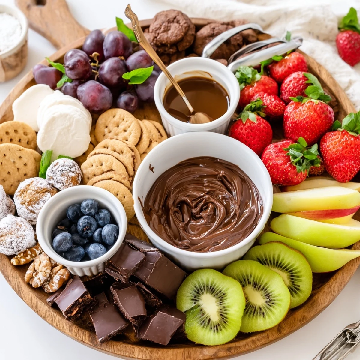 Dessert Charcuterie Board with colorful fruits, chocolates, and creamy dips for sharing