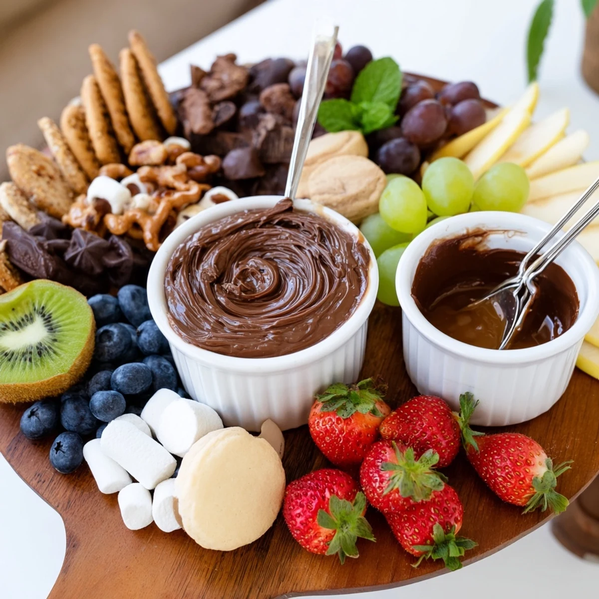 A Dessert Charcuterie Board showcasing juicy strawberries, crunchy pretzels, and salted caramel
