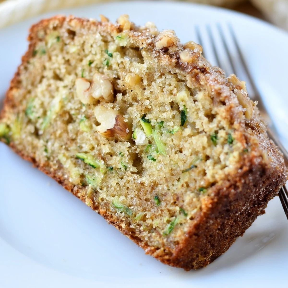 Moist Zucchini Banana Bread loaf studded with walnuts, served with coffee  