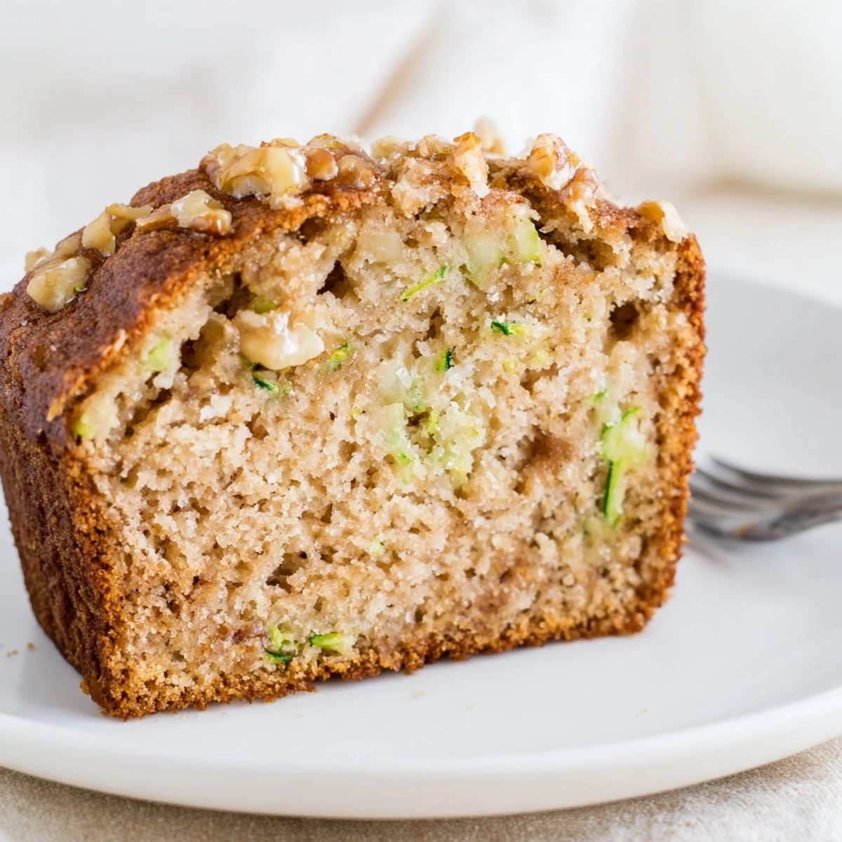 Golden-crusted Zucchini Banana Bread slice beside tea, green flecks visible