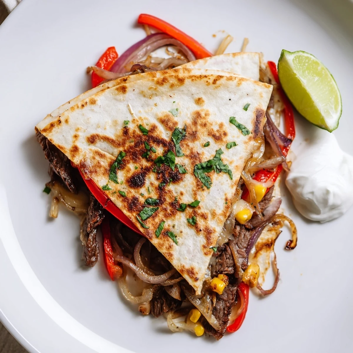 Warm Sweet Savory Beef Quesadillas Recipe served with tangy sour cream and lime
