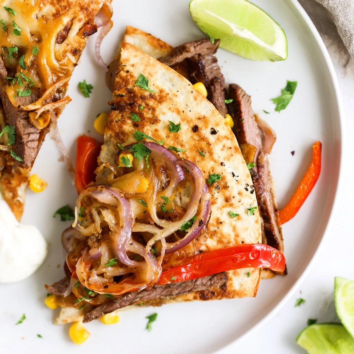 Sweet Savory Beef Quesadillas Recipe: golden crisp tortillas, melty cheese, caramelized beef