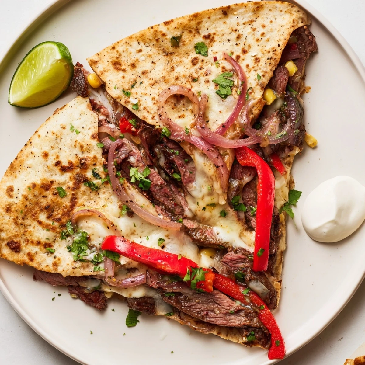 Skillet-to-table Sweet Savory Beef Quesadillas Recipe sliced into wedges, cilantro garnish