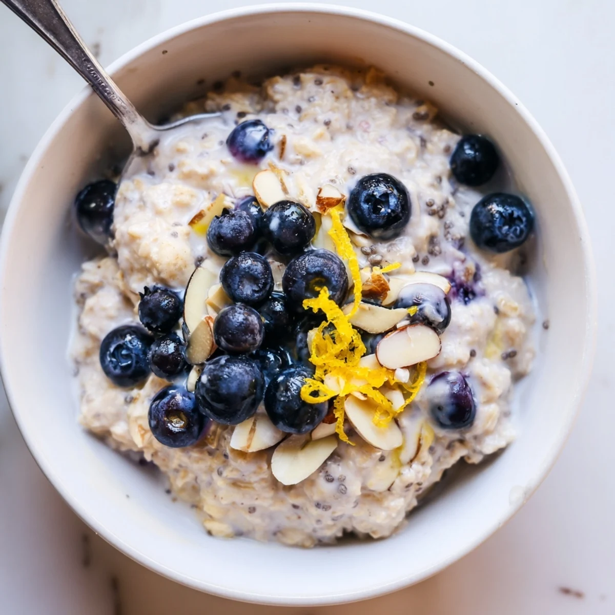 Creamy Blueberry Lemon Overnight Oats topped with fresh blueberries and lemon zest