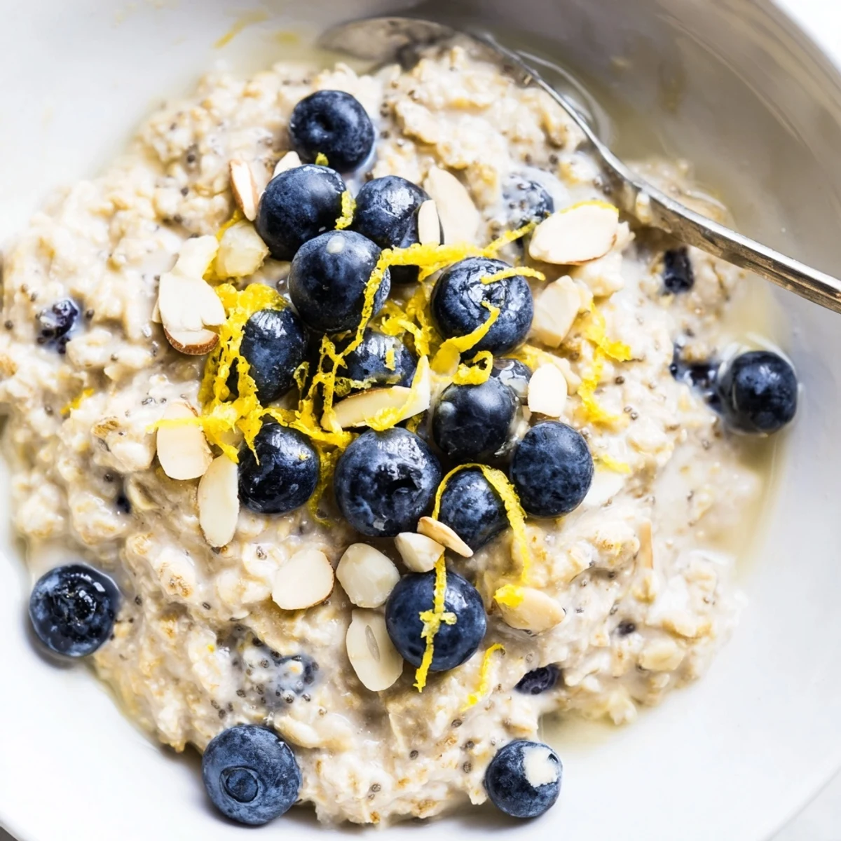 Make ahead Blueberry Lemon Overnight Oats served cold, bright citrus and juicy blueberries