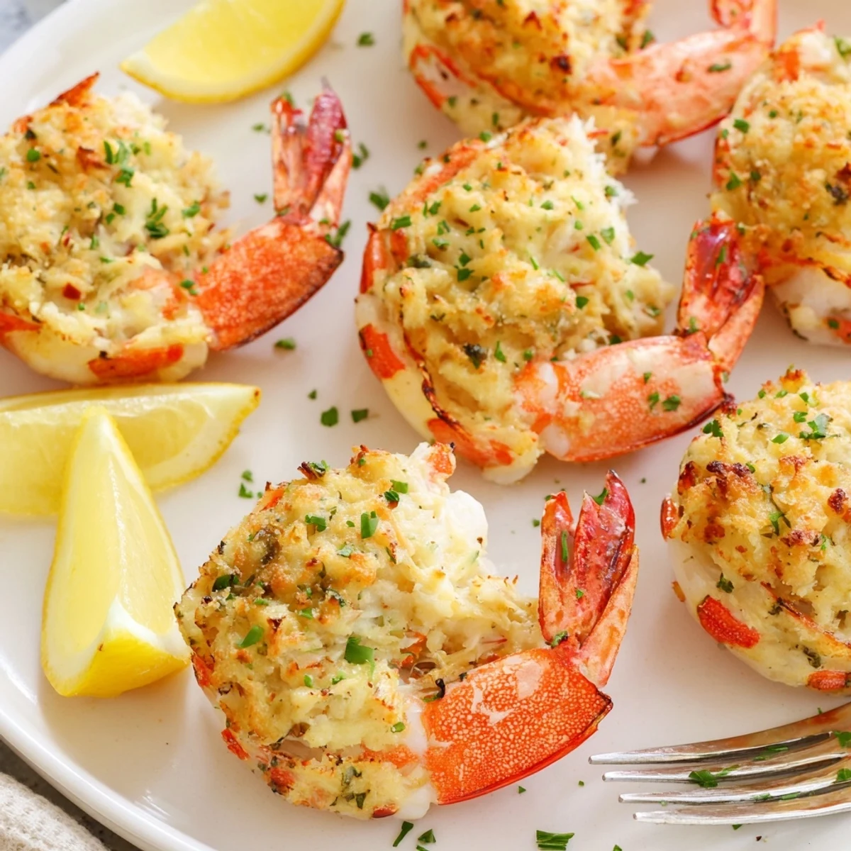 Crab Cake Stuffed Shrimp With Cowboy Butter glistening, baked golden, garnished lemon