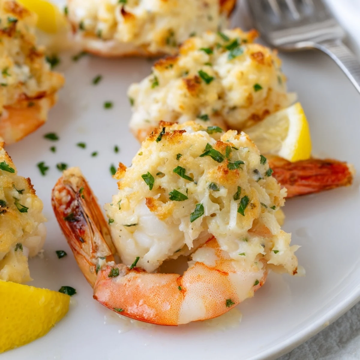 Sliced baguette alongside Crab Cake Stuffed Shrimp With Cowboy Butter, ready for sharing
