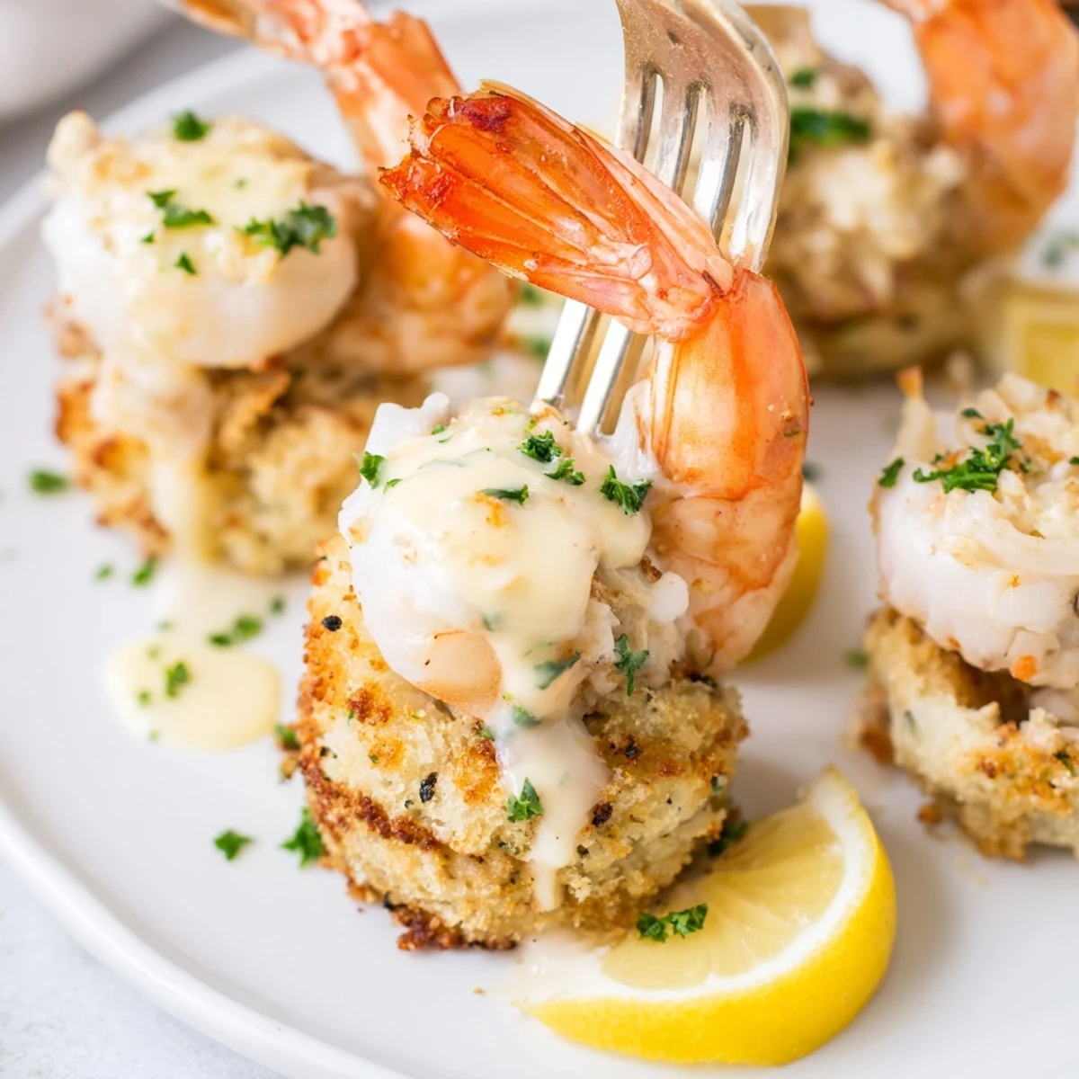 Plated Crab Cake Stuffed Shrimp With Cowboy Butter drizzled, smoky buttery aroma