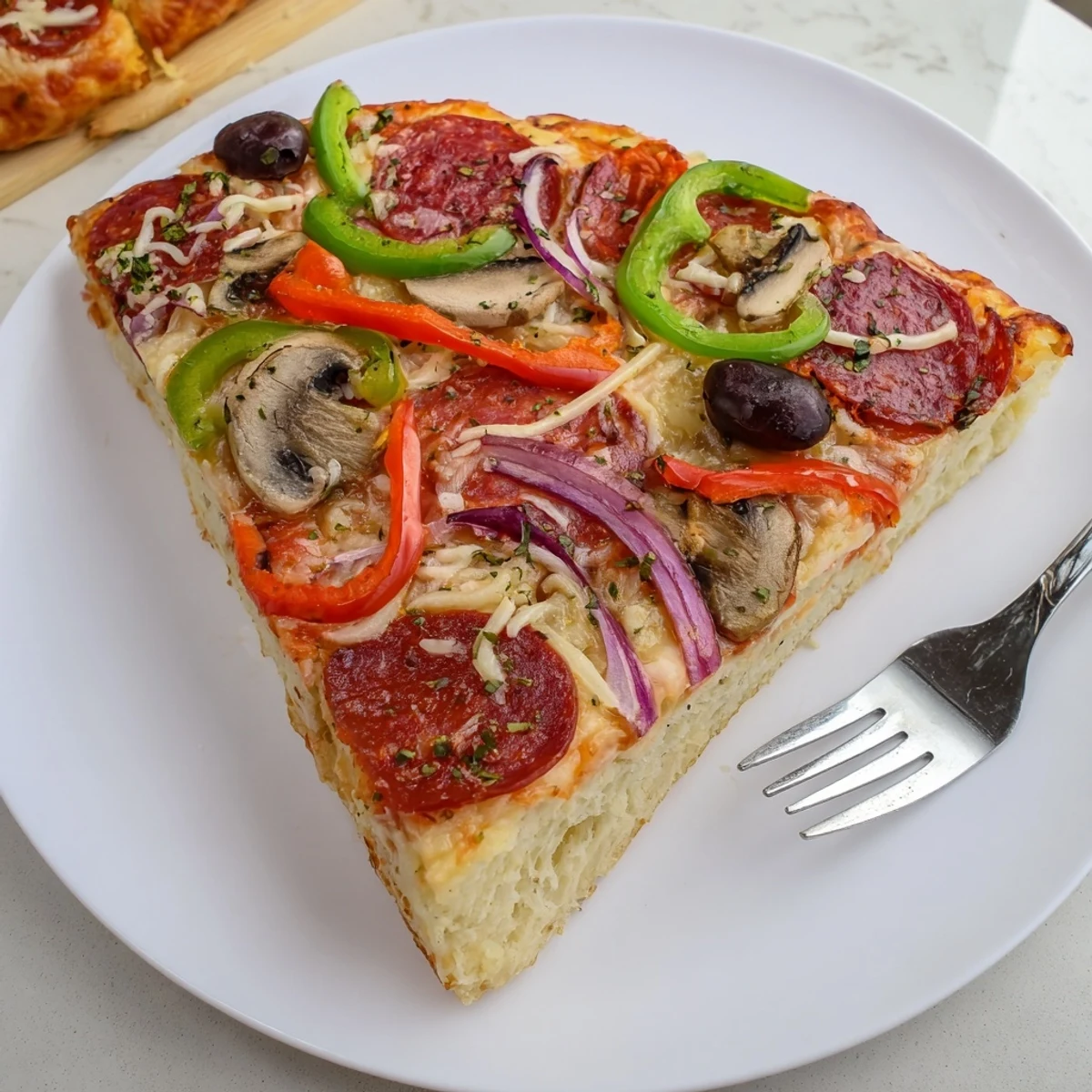 Sliced Focaccia Pizza Supreme on a wooden board, steaming and aromatic