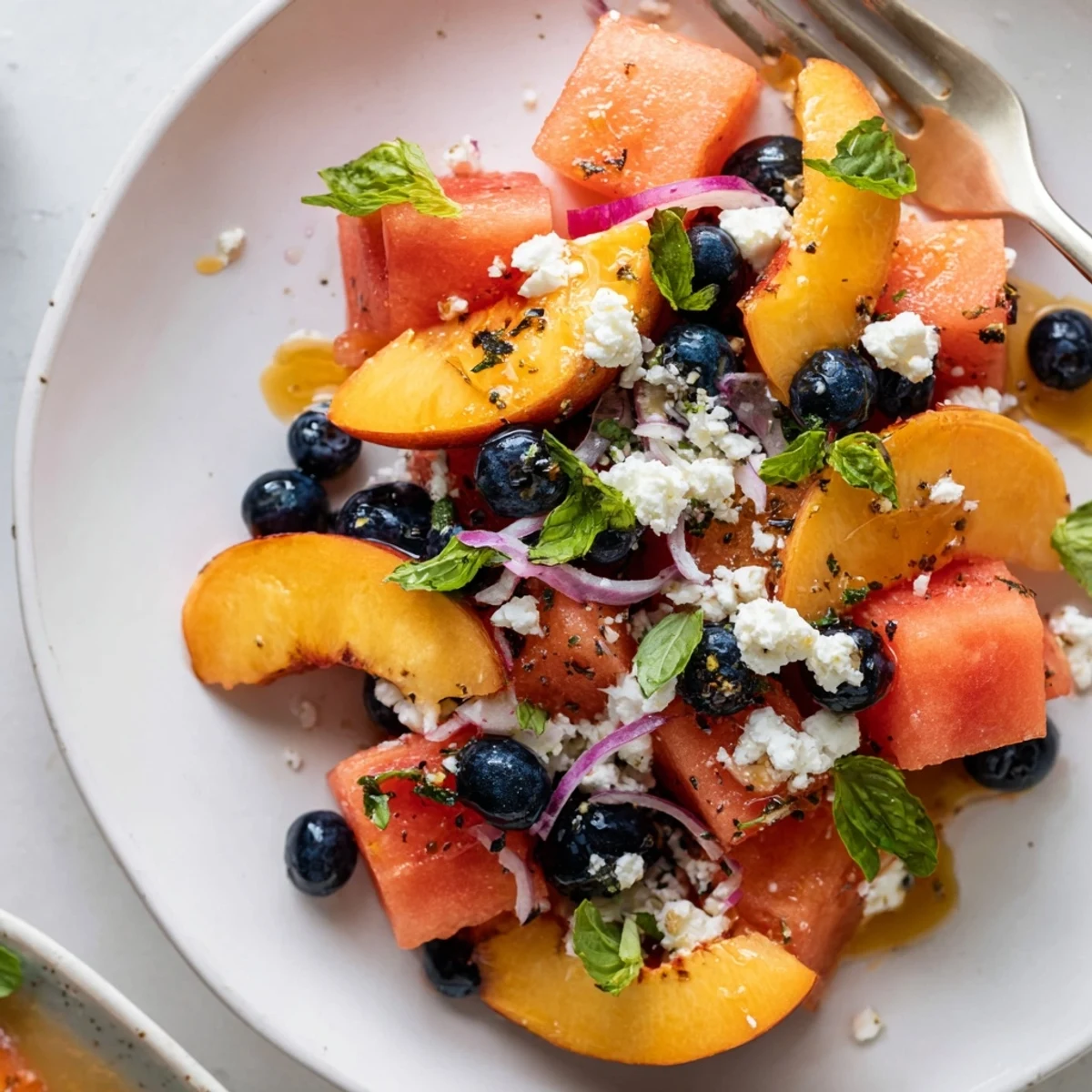 Peach Watermelon Salad With Feta glistening with lime dressing, mint, and cracked pepper