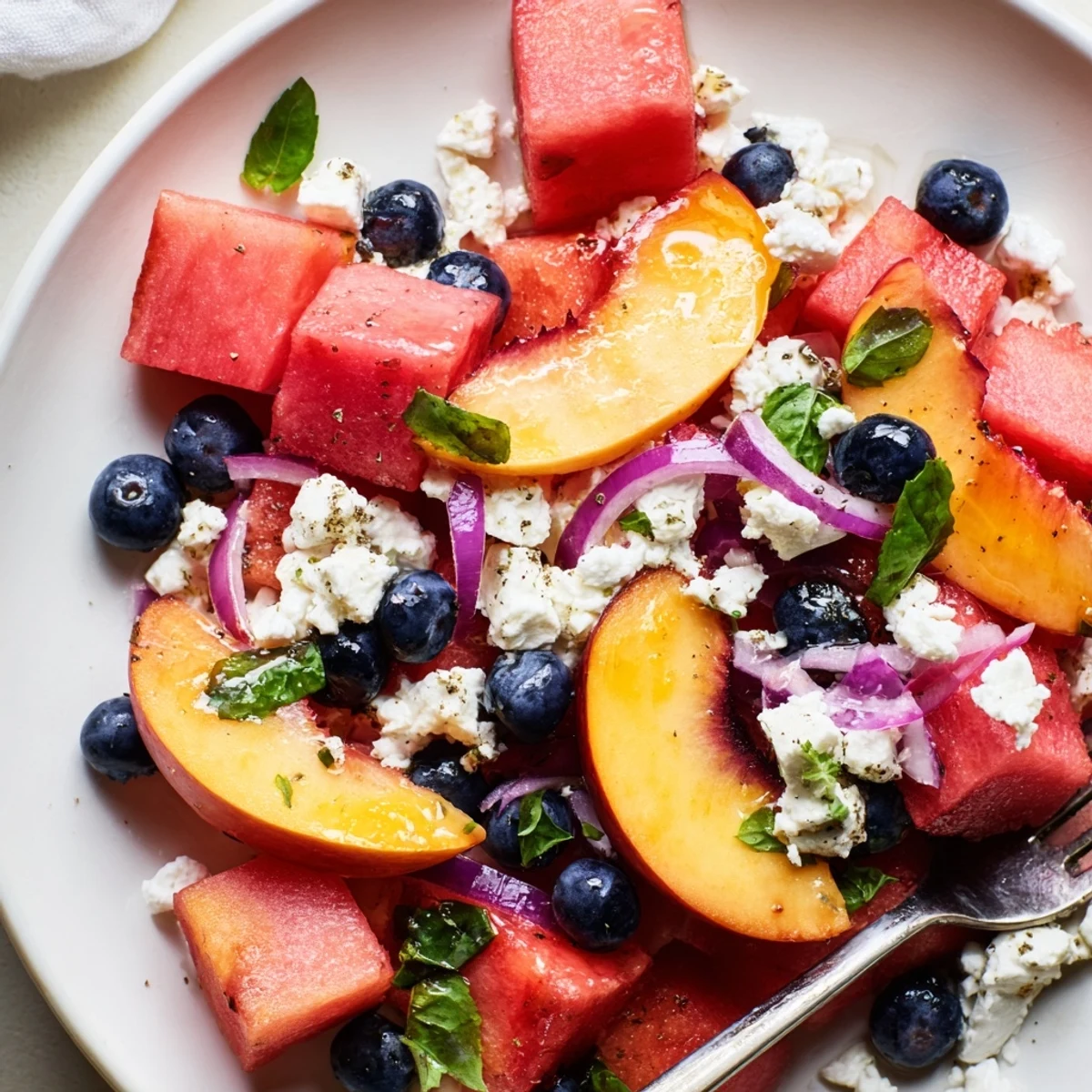 Chilled Peach Watermelon Salad With Feta featuring juicy cubes, crumbled cheese, and fresh herbs