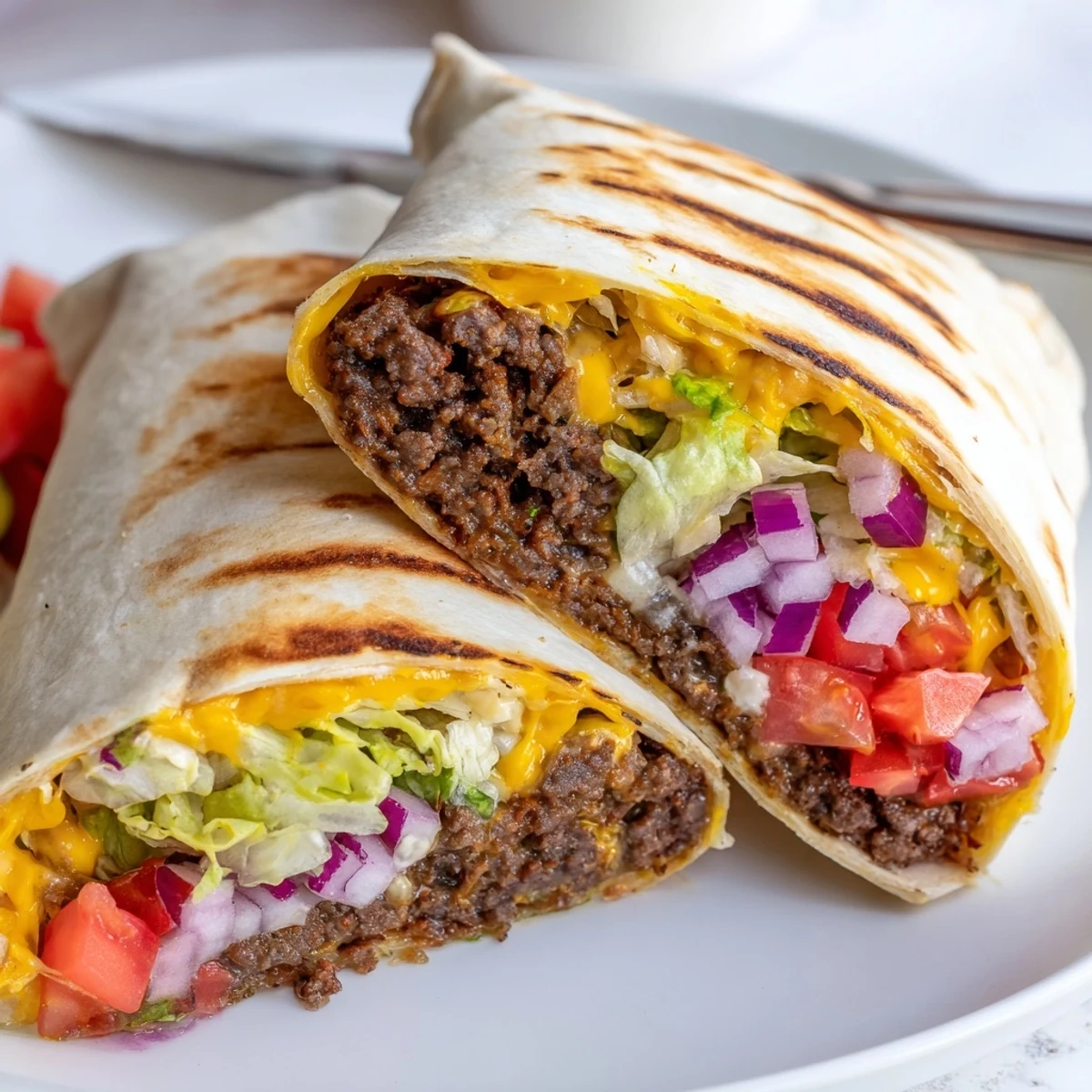 Close-up of Cheeseburger Wrap Recipe showing juicy beef, melty cheese, crisp lettuce