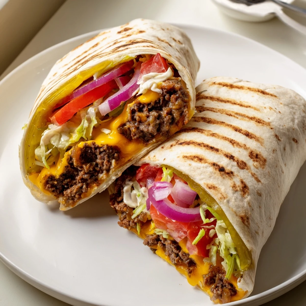 Quick Cheeseburger Wrap Recipe plated with pickles and tomato, perfect weeknight lunch