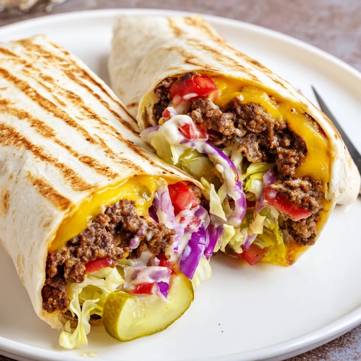 Pan-grilled Cheeseburger Wrap Recipe sliced in half, golden tortilla and ketchup drizzle