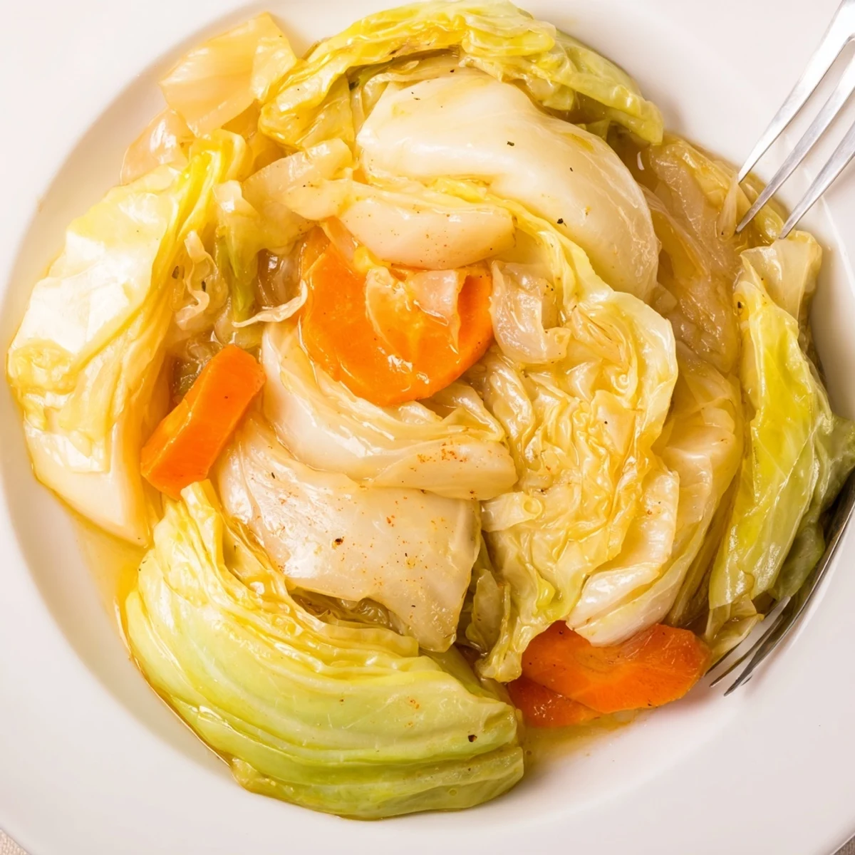 Plate Savory Braised Cabbage Recipe alongside roasted sausages for cozy weeknight comfort.