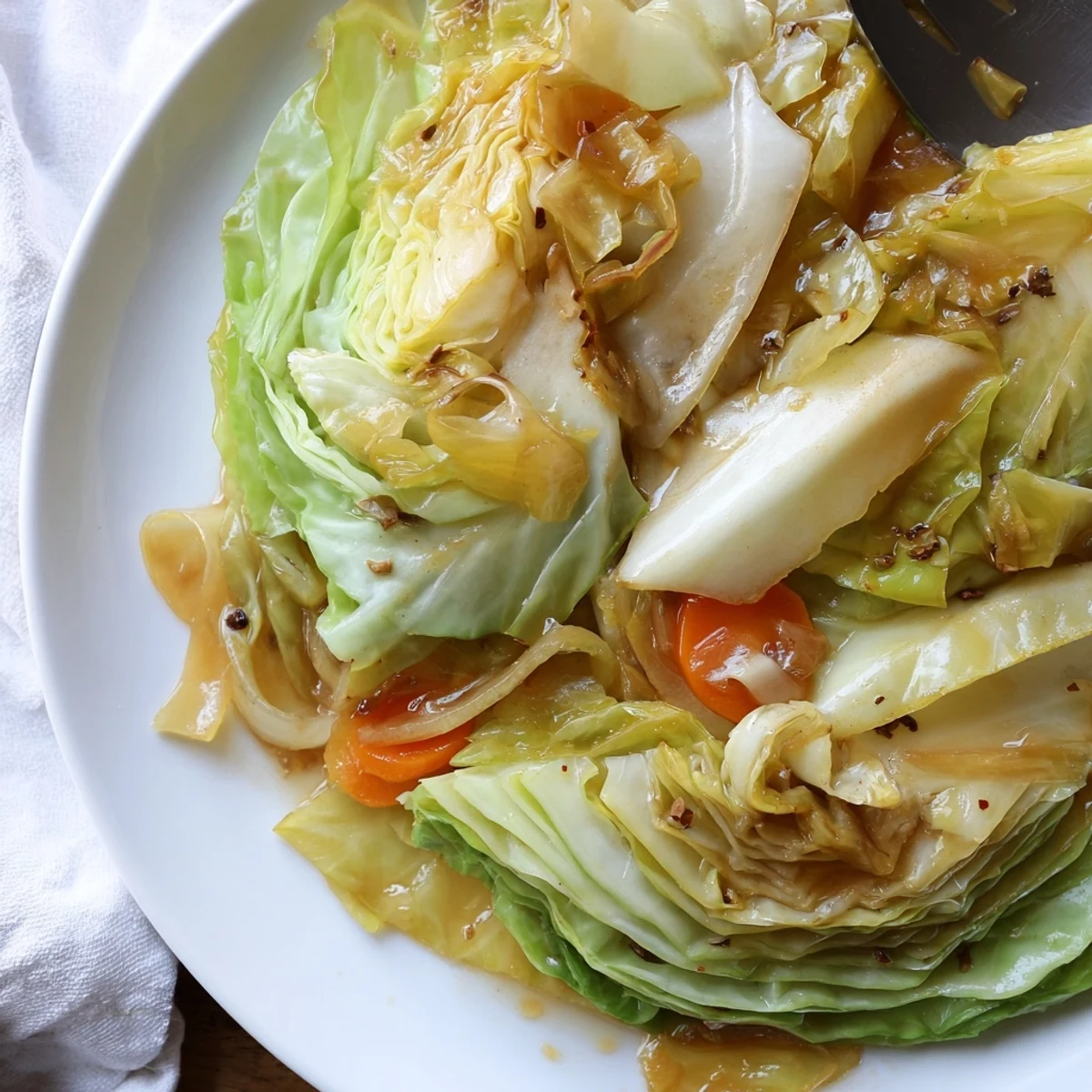 A steaming Savory Braised Cabbage Recipe in a Dutch oven, tender edges.