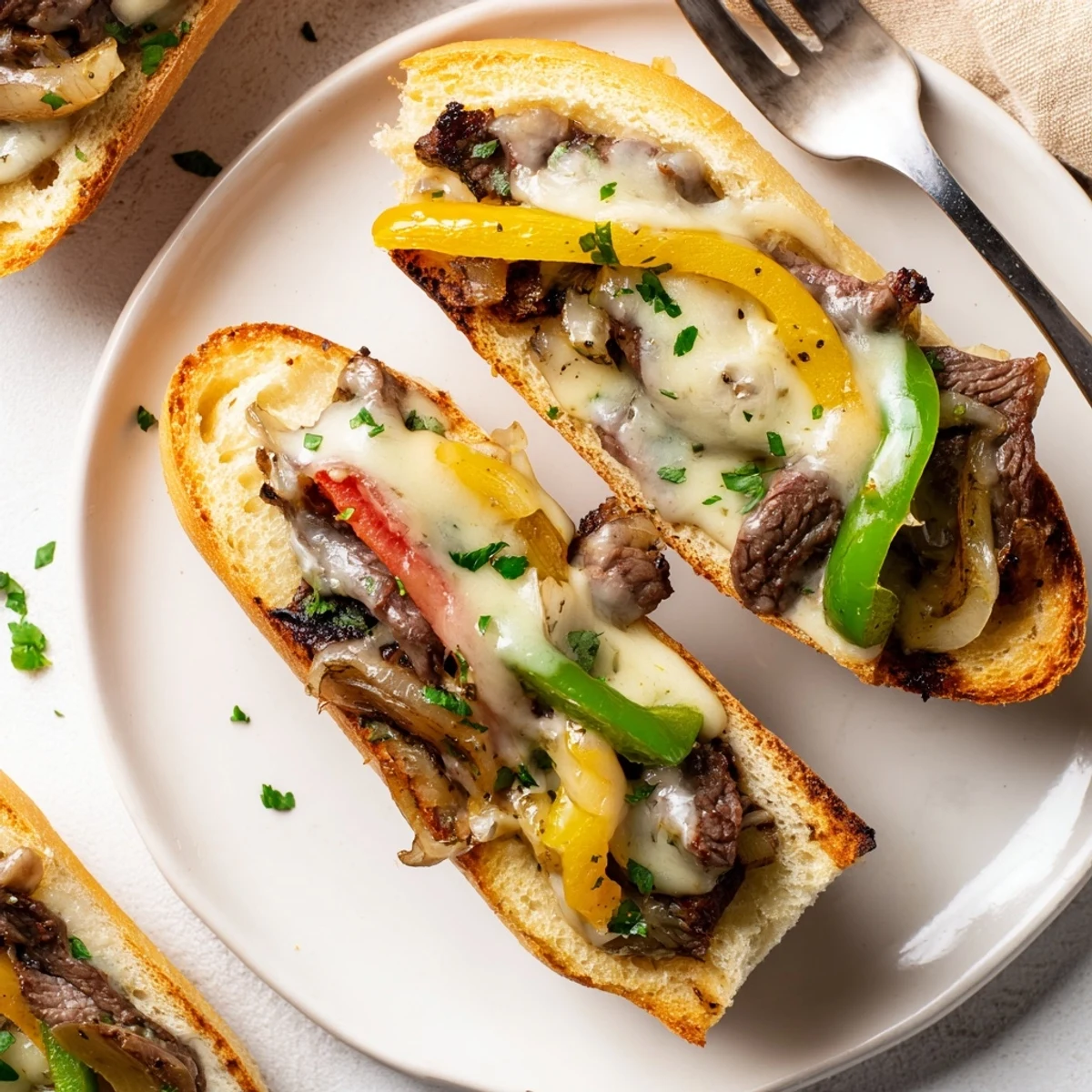 Sliced Philly Cheesesteak Garlic Bread piled with seared steak, onions, bubbly cheese