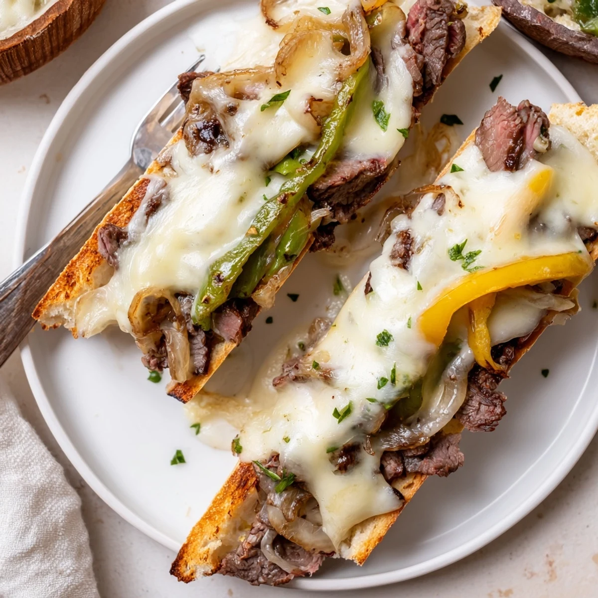 Warm Philly Cheesesteak Garlic Bread garnished with parsley, melty cheese, crisp edges