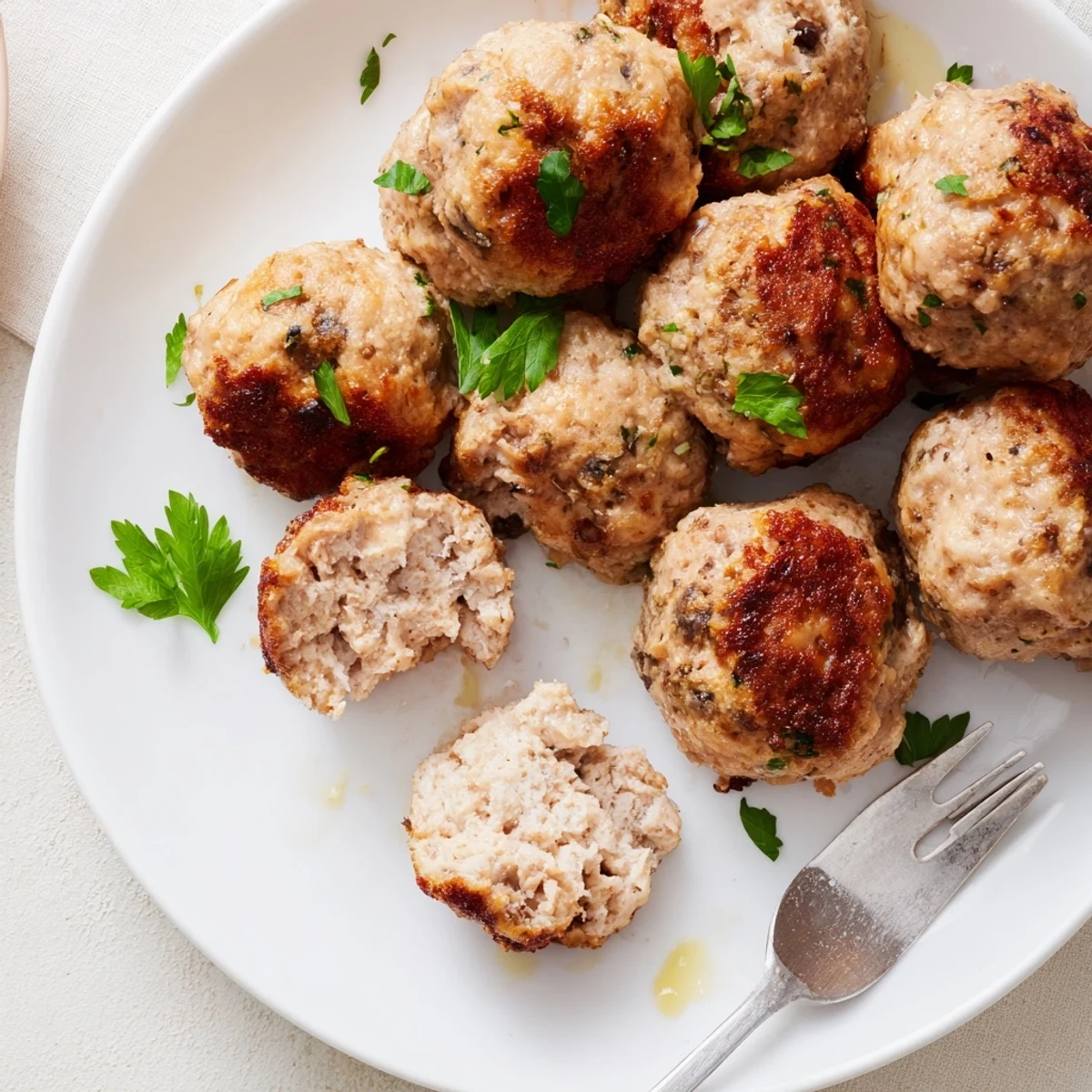 Juicy Chicken Meatballs glistening with sauce, soft interior, golden crisp exterior