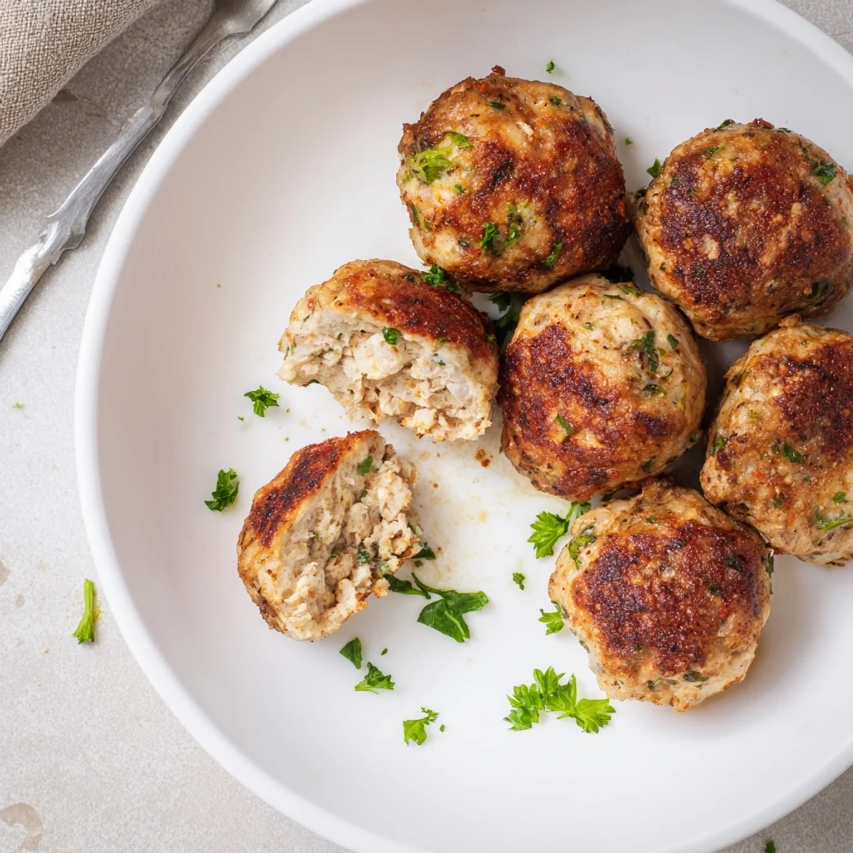 Family-style Juicy Chicken Meatballs served hot with tomato sauce, tender centers