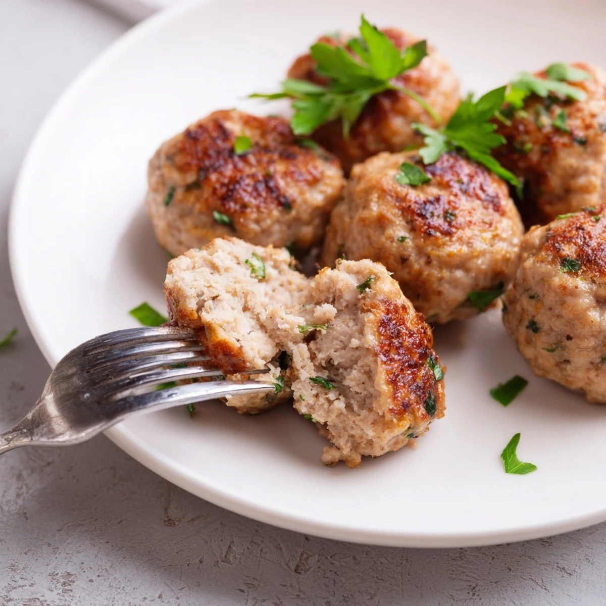 Pan-seared Juicy Chicken Meatballs resting on pasta, aromatic parsley garnish
