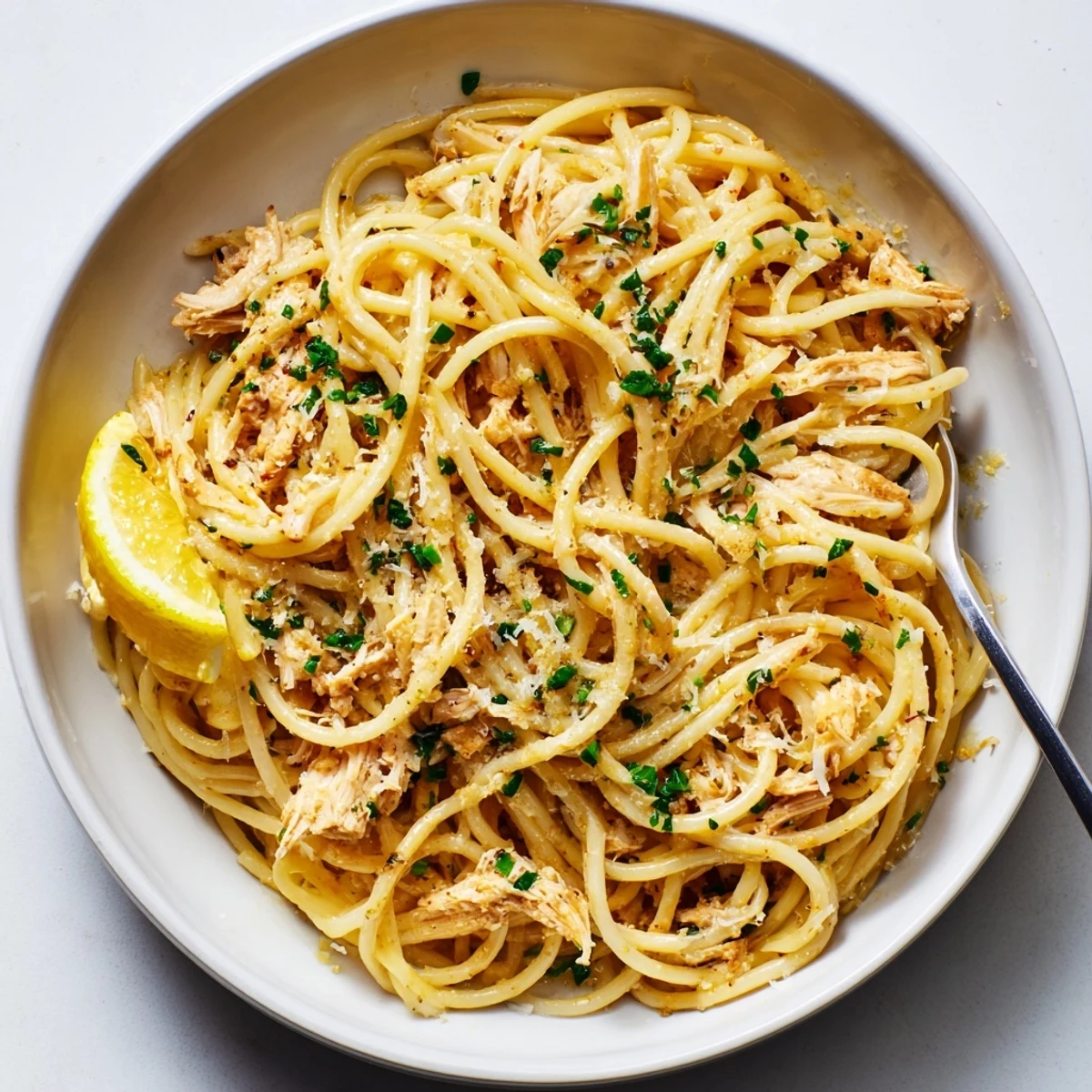 Cowboy Butter Pasta Recipe plated with grated Parmesan, lemon wedge, optional chicken