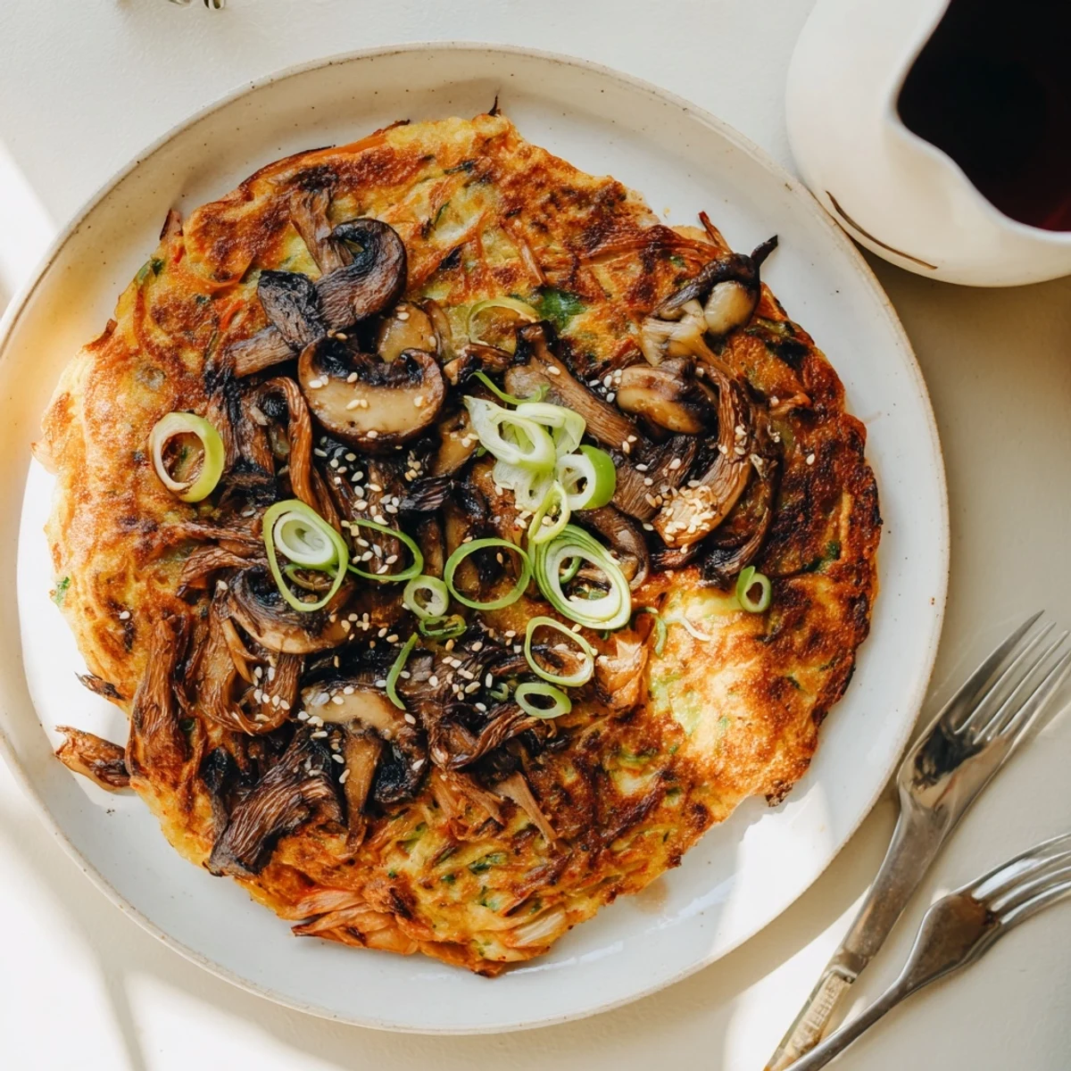 Vegan Kimchi Pancake With Tamari Mushrooms crisp edges, tangy kimchi, scallion garnish.