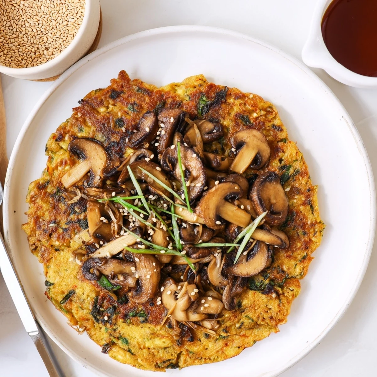 Hearty Vegan Kimchi Pancake With Tamari Mushrooms topped with warm glazed shiitake slices.