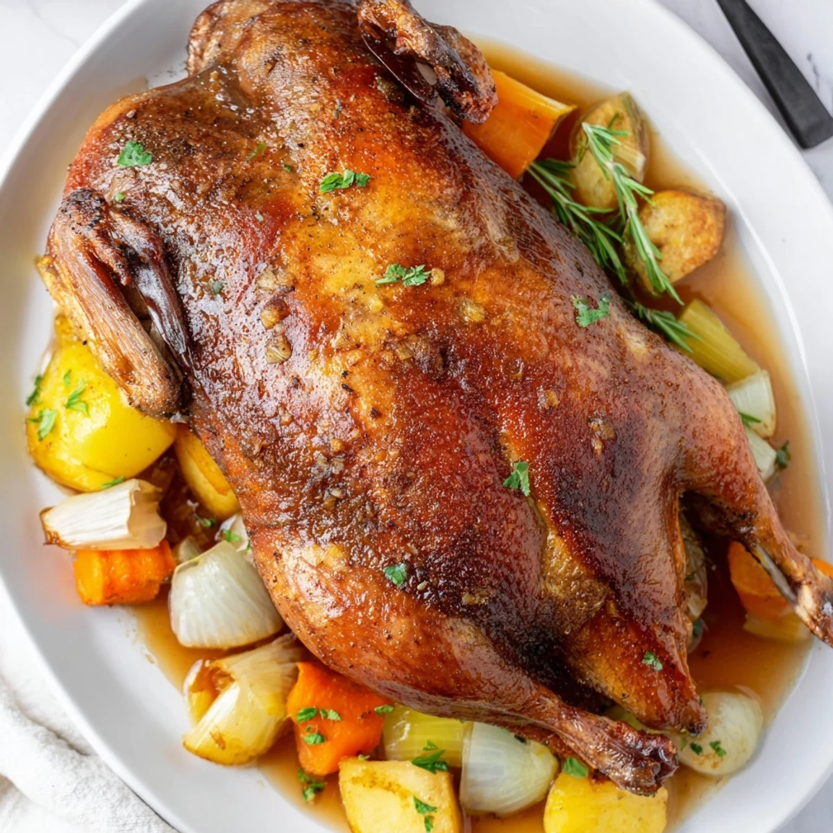 Crispy Braised Duck With Savory Vegetables glistening, golden skin over caramelized root vegetables