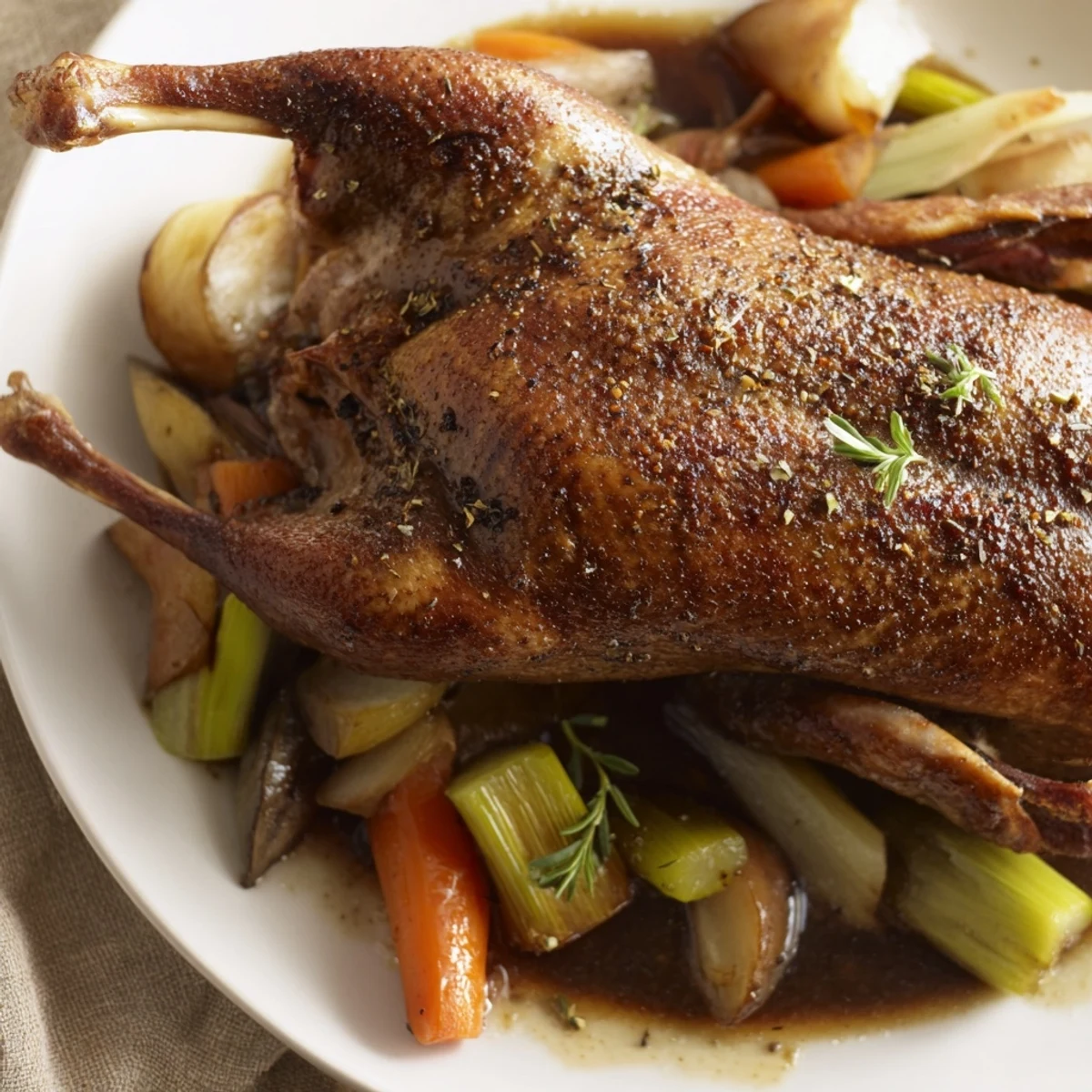 Plate of Crispy Braised Duck With Savory Vegetables surrounded by herb-scented pan juices