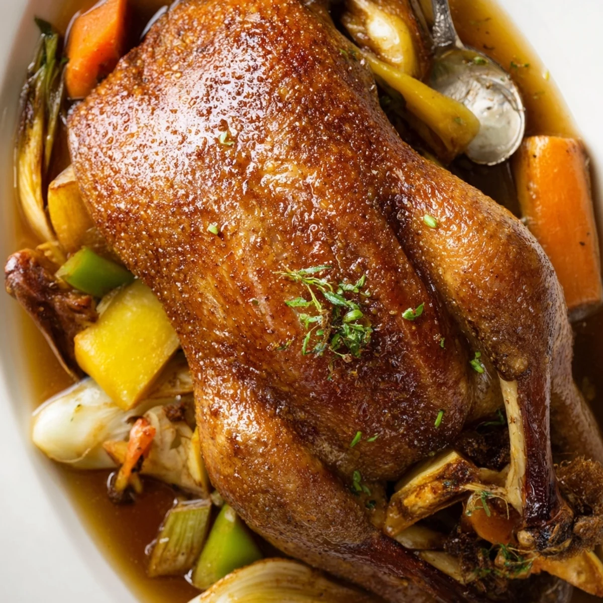 Family-style Crispy Braised Duck With Savory Vegetables resting on tender carrots and parsnips