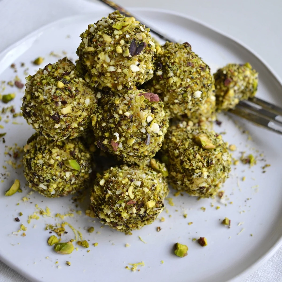 Savory Pistachio Crusted Cheese Bites arranged on platter, crunchy green nut coating