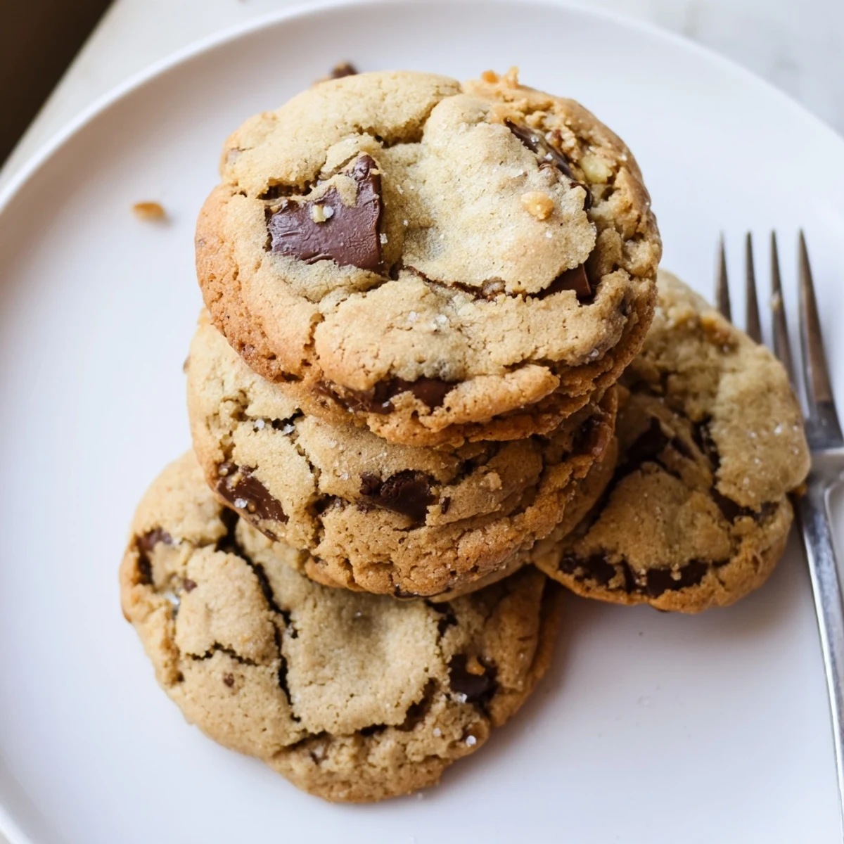 Stack of Chocolate Chip Cookies with melty chips, sprinkled flaky sea salt